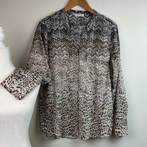 Calvin Klein button down V neck blouse animal print long sleeves women’s large